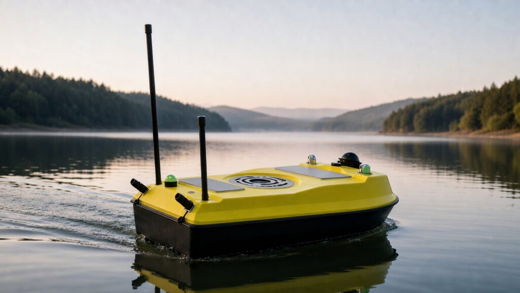 Yellow-deck, black-hull OrcaUSV survey vessel running a survey line on a misty forested reservoir at dawn