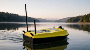 Yellow-deck, black-hull OrcaUSV survey vessel running a survey line on a misty forested reservoir at dawn